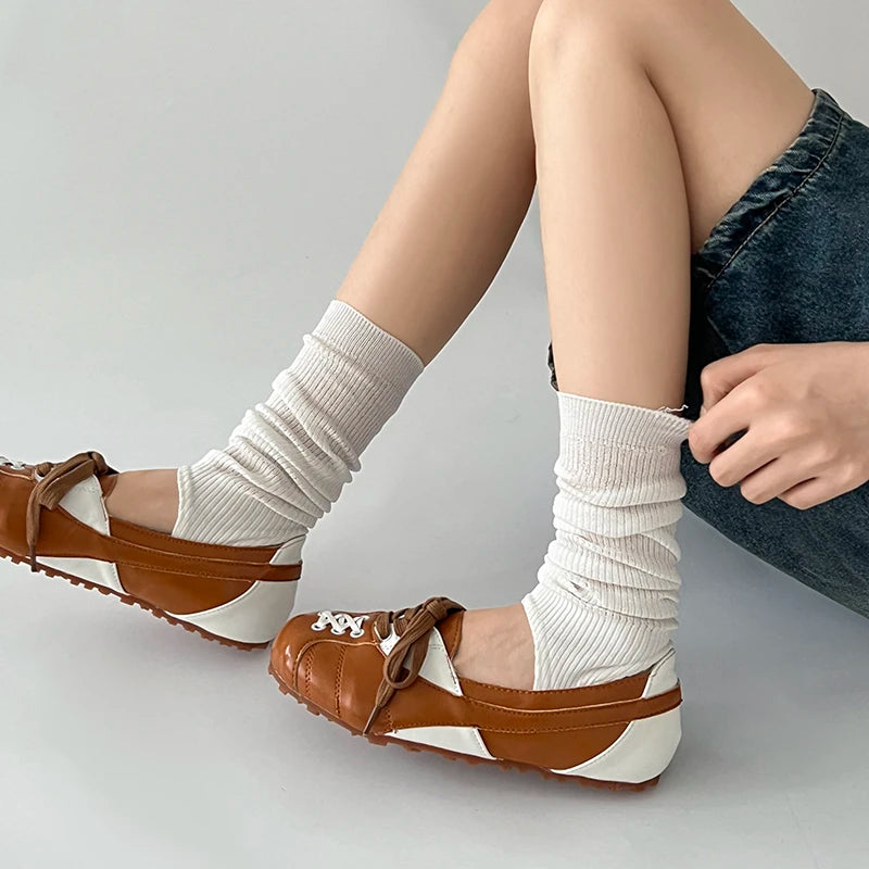 Cyflymder  Korean Style Women's Ballet Slippers 2025 Autumn New Design Sensibility Flat Bottom Tied Shoes Adult Color Block Style