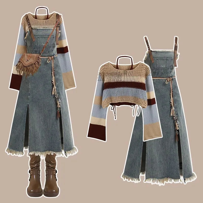 Cyflymder Autumn New Vintage Denim Skirt Matching Set Women's Elegant Loose Hollow Knitted Shirt+Sexy Split Dress Two Piece Suit