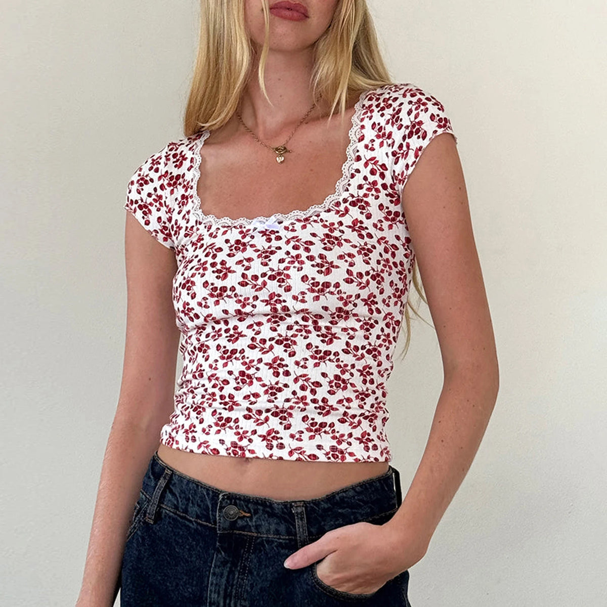 Cyflymder  Womens Summer Casual Short Tops Short Sleeve Square Neck Lace Trim Flower Print T-shirt Y2k Floral Print Crop Tops