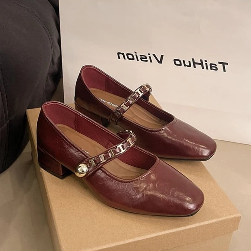 Cyflymder  Retro low-heeled single shoes for women, new summer fashion gold buckle square toe comfortable high-heeled leather shoes