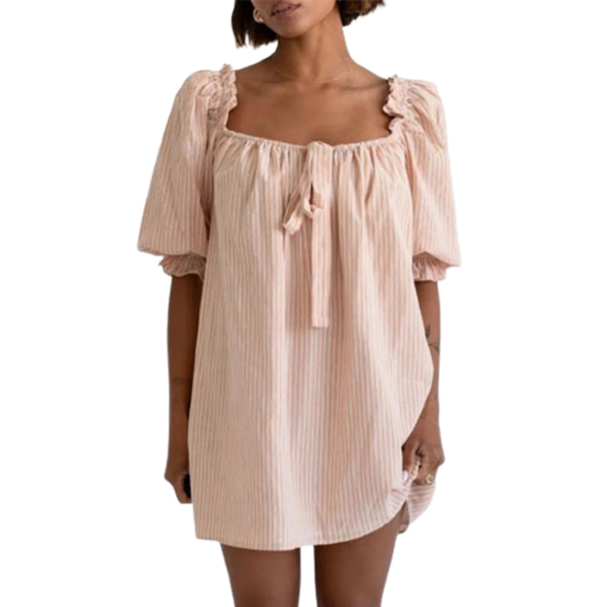 Cyflymder  Women's Summer Y2K Vintage Puff Sleeve Bow Knot Tied Square Neck Plaid/Stripe/Floral Print Beach Loose Short Dress