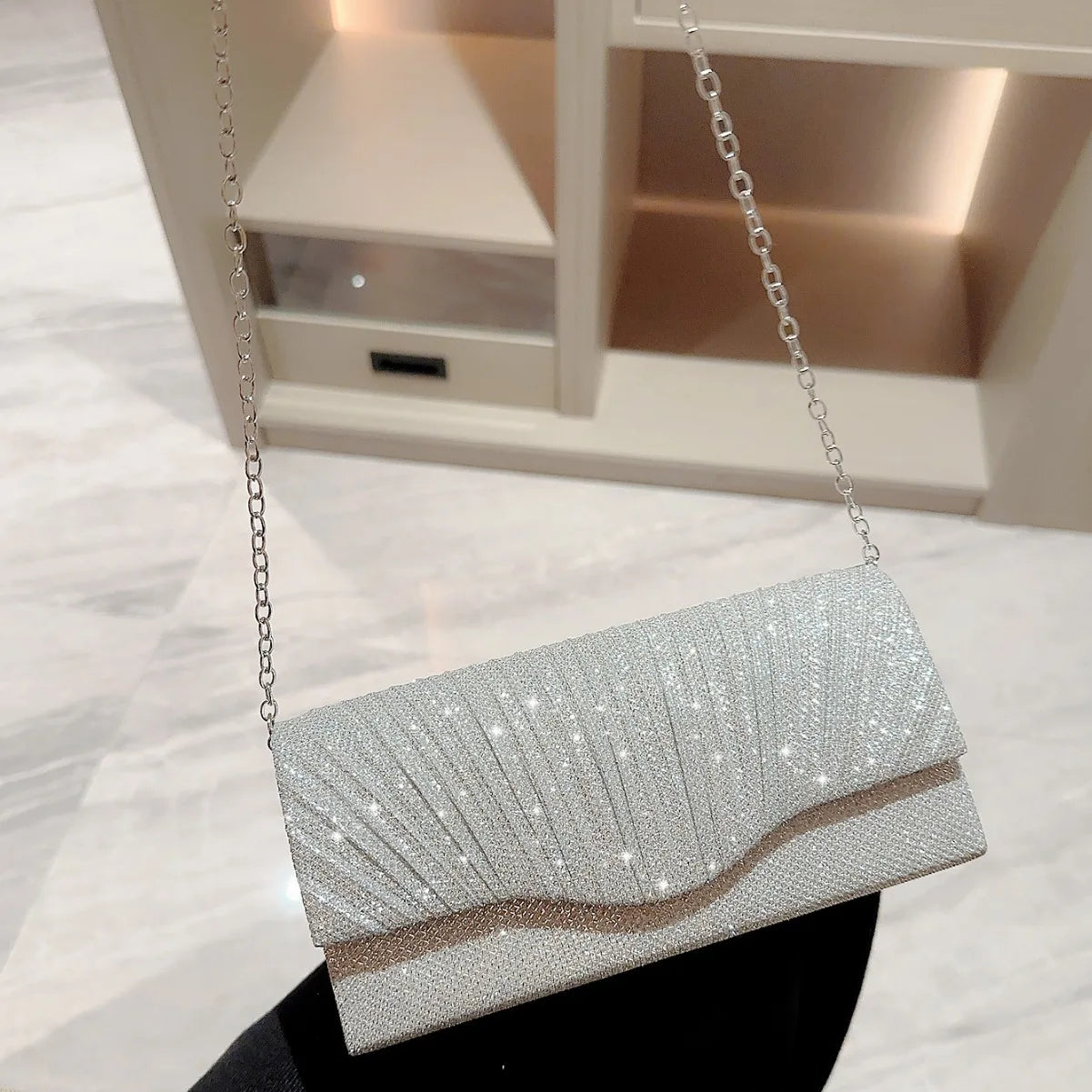 Cyflymder Ladies Glitter Silver Clutch Bag Envelope Evening Bag Fashion Elegant Long Purse Women Chain Shoulder Bags Wedding Party Handbag