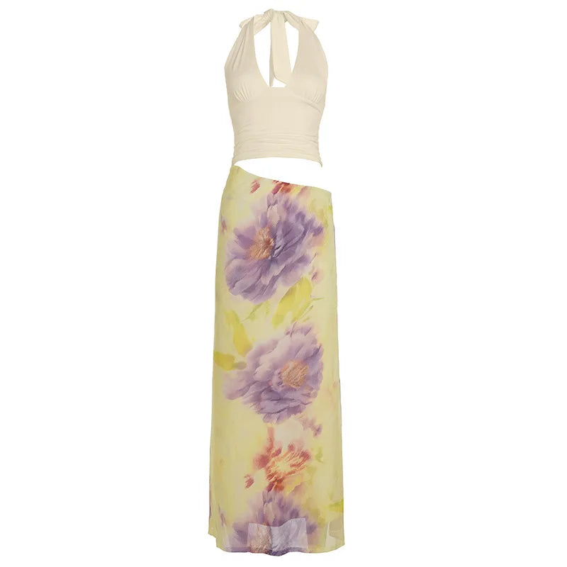 Cyflymder  Summer Floral Print Patchwork Halter Maxi Dress Sexy Deep V Front Sleeveless Backless Cut Out Slim Beach Vacation Dress