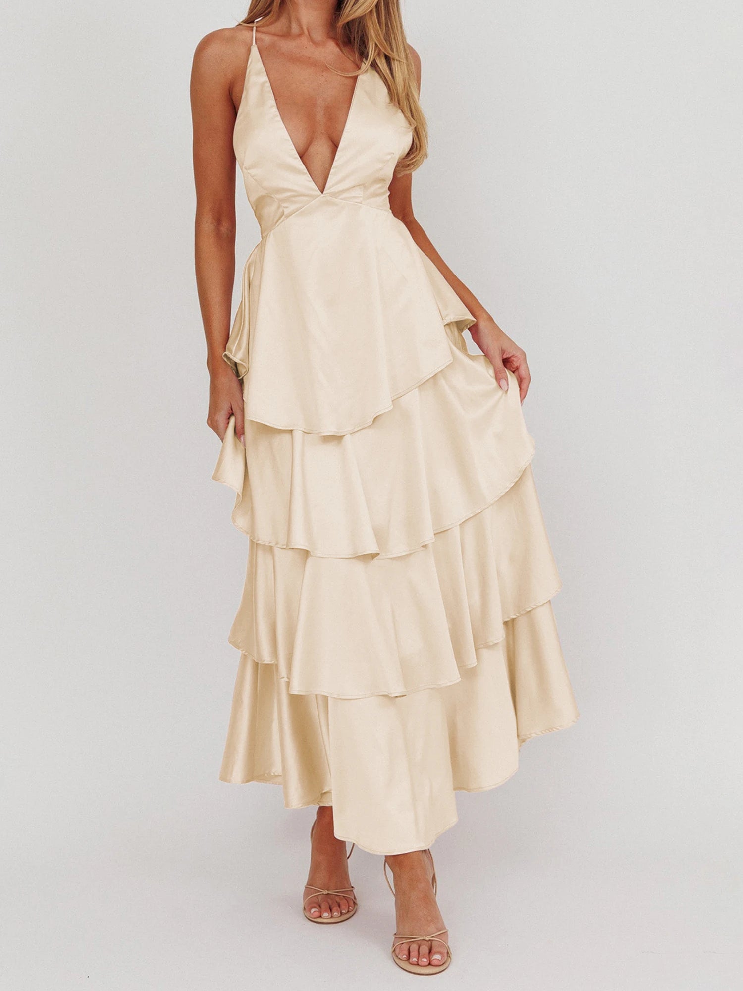 Cyflymder  Elegant Lace Sleeveless V-neck Backless Maxi Dress with Ruffled Hemline for Wedding Guest or Formal Event