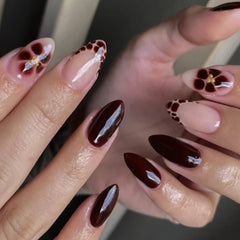 Cyflymder  French Halo Dyeing Flowers Petal Almond Nail Art Fall Winter Fashion False Nails Detachable Finished Fake Nails Press on Nails