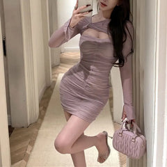 Cyflymder  Gauze Folds Stylish Hollow Out Mini Dress Female Clothing Long Sleeve Spring Autumn Aura Skew Collar Sexy Waist Bag Hip Dresses