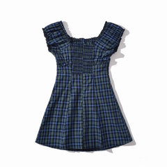 Cyflymder  CHIC Contrast Color Plaid Open Buttons Slash Shoulder Mini Dress Women Short Sleeve Slim Waist Dresses Holiday Robe Femme