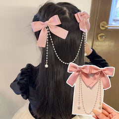 Cyflymder Sweet Princess Style Pink Pearls Chain Bow Hair Clip Women Children's Cute Back Head Hairpins Hair Clips Girls Hair Accessories