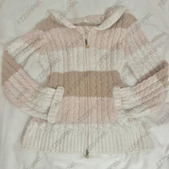 Cyflymder  Women Hooded Zip‑Up Knit Cardigan Color Block Stripe Cable Knit Long Sleeve Y2K Sweet Casual Sweater Tops