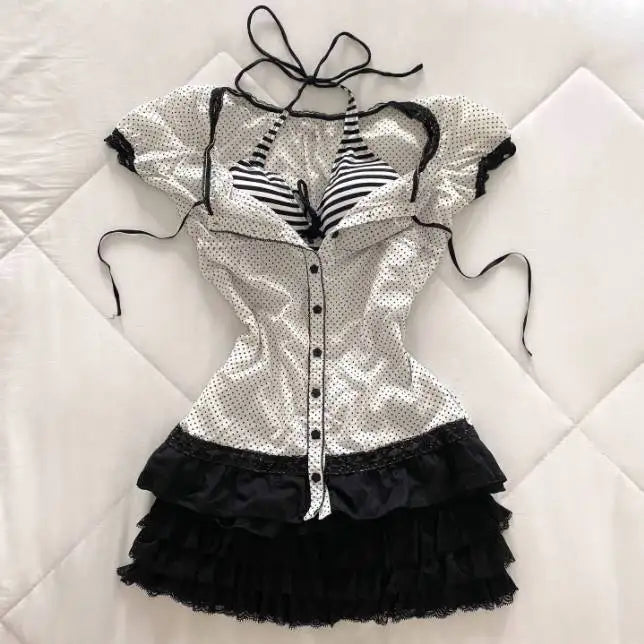 Cyflymder  Punk Slim Shirt Y2k Clothes Sexy T-shirt Korean Goth Lace Button Aesthetic Harajuku Polka Dot Hot Girl Emo Sweet Crop Top Summer