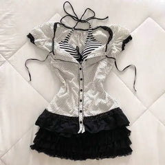 Cyflymder  Punk Slim Shirt Y2k Clothes Sexy T-shirt Korean Goth Lace Button Aesthetic Harajuku Polka Dot Hot Girl Emo Sweet Crop Top Summer