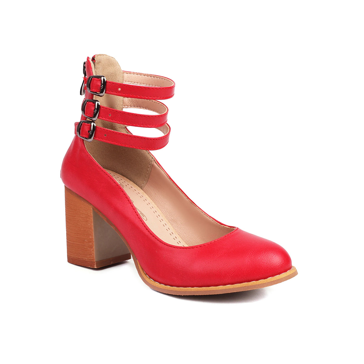 Cyflymder  Plus Size Wood Grain Thick Heels Retro Casual High Heels Ankle Three Row Buckles Shallow Breathable Summer Women's Pumps