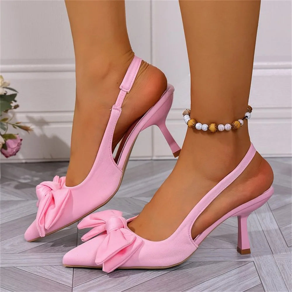 Cyflymder  Big Size 43  Women's Summer Yellow Pointed Toe Slingback Sandals Slip on Elegant Kitten High Heels Shoes  with Little Bow