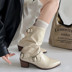 Cyflymder  Autumn Winter Women Western Cowboy Boots Vintage Slip On Thick Heel Shoes Ladies Mid Calf Botas Zapatos De Mujer