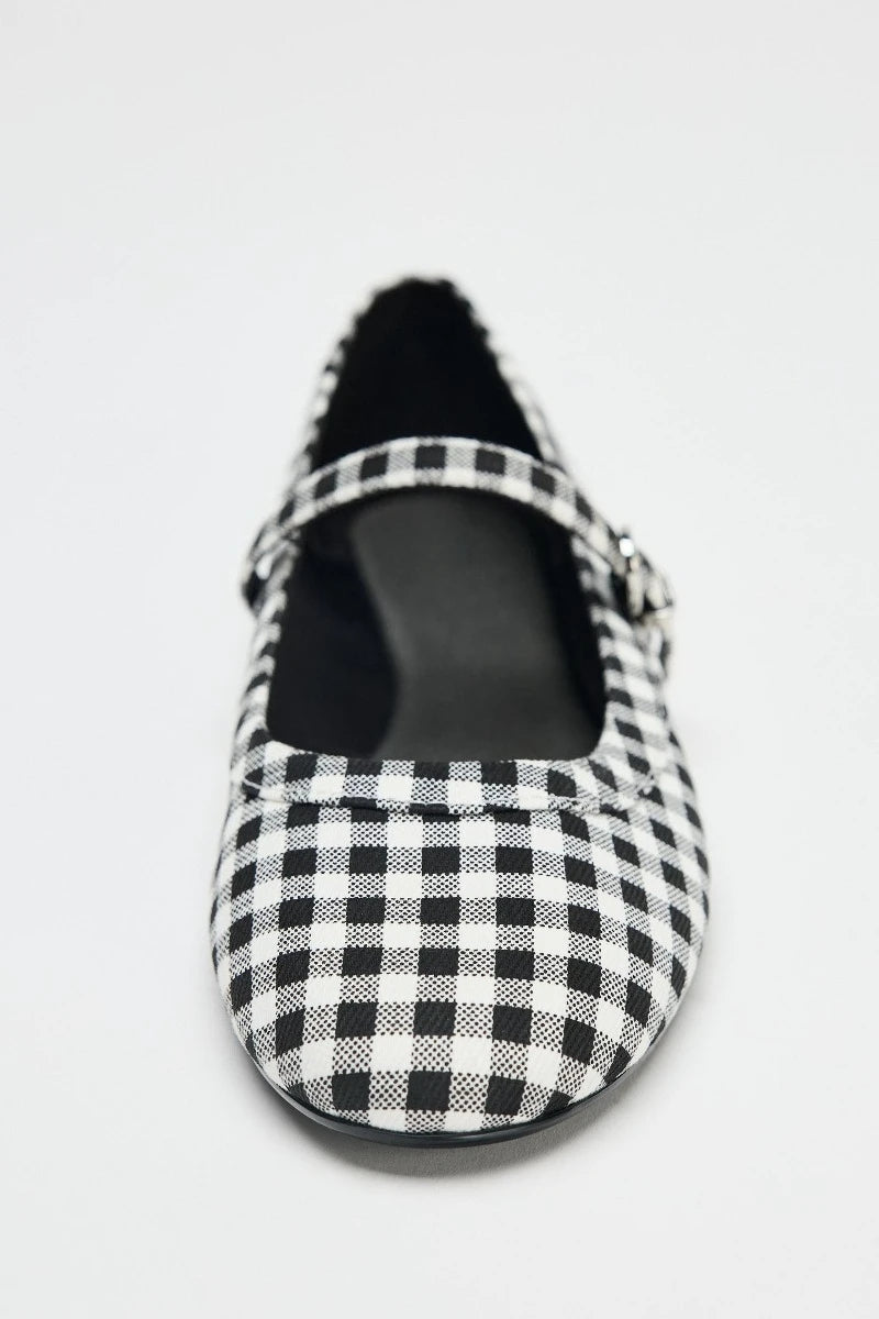 Cyflymder  Luxury Designer Plaid Print Ballet Flats for Women Comfort Round Toe Buckle Soft Sole Mary Jane Shoes Elegant Banquet Party Shoe