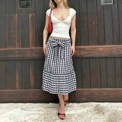Cyflymder  Spring Summer Literary Loose A-line Skirts Y2k Fashion Constrast Color Plaid Bow Design Mie-length Jupe Harajuku Preppy Skirt