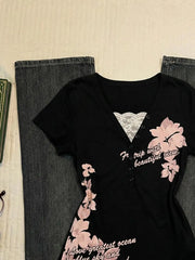 Cyflymder  Retro T-shirt Woman Clothing Y2k Letter Print Goth Punk V-Neck Aesthetic Harajuku 2000s Lace fake 2Piece High Street Grunge Tees