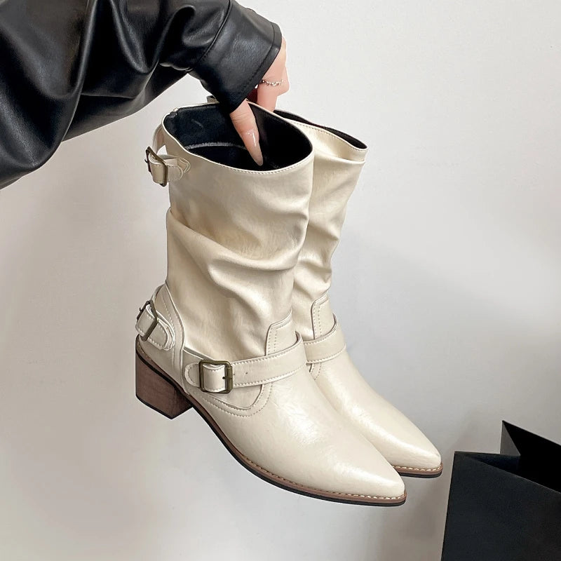 Cyflymder  Autumn Winter Vintage Thick Heel Women Western Cowboy Boots Slip On Belt Buckle Shoes Ladies Mid Calf Botas Zapatos De Mujer