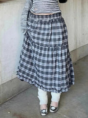 Cyflymder  Women's Harajuku Style Plaid Skirt - Y2K Vintage Low Rise Chicly Long Skirt Ruched Patchwork Detail Slim Fashion Loose Fit Skirt