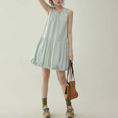 Cyflymder   Mint Sleeveless Bud Dresses Women's Clothing Solid Color Summer Casual Basic Round Neck Fashionable Folds Patchwork Midi Dress