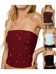 Cyflymder  Elegant Off-Shoulder Blouse with Sparkling Rhinestone Embellishments and Figure-Flattering  Fit Design for Stylish Summer