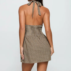 Cyflymder  Summer Halter Mini Dress Women Plaid Print V Neck Sleeveless Backless A Line Dress Casual Party Dresses Streetwear