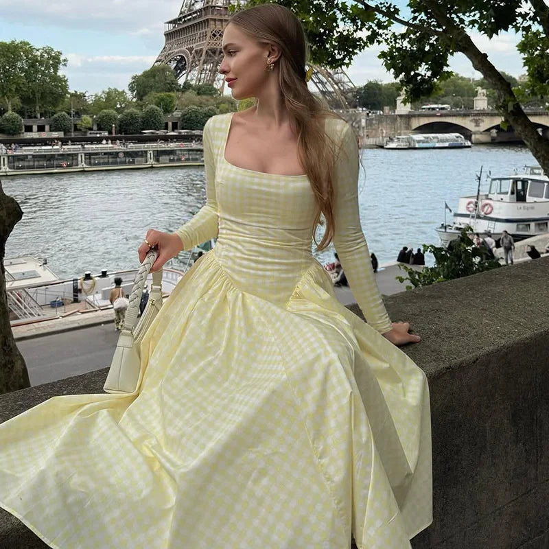 Cyflymder  Plaid Long Sleeve Pleated Maxi Dress For Women Autumn Fashion Square Collar High Waist A-line Club Party Long Dress New