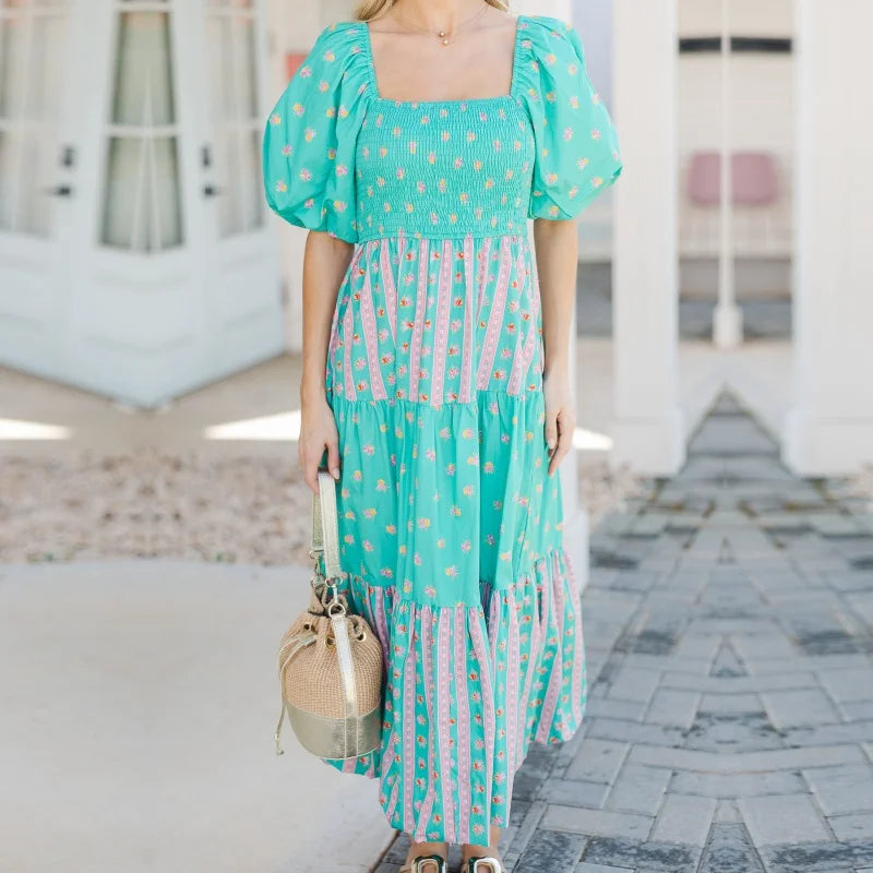Cyflymder  Bohemian Dress y2k Women Floral Print Square Neck Puff Sleeve A-Line Dress Beach Party Long Flowy Dress Streetwear