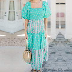 Cyflymder  Bohemian Dress y2k Women Floral Print Square Neck Puff Sleeve A-Line Dress Beach Party Long Flowy Dress Streetwear