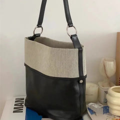 Cyflymder  Minimalist Design Black Tote Bag Women Linen Leather Patchwork Large Capacity Bucket Bag Ladies Versatile Commuter Shoulder Bags
