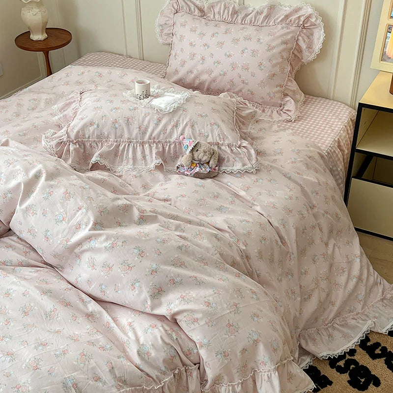 Cyflymder  Korean Princess Style Ruffles Flower Print Bedding Set Duvet Cover Set Bed Skirt Bedspread Pillowcases 100% Cotton Home Textile