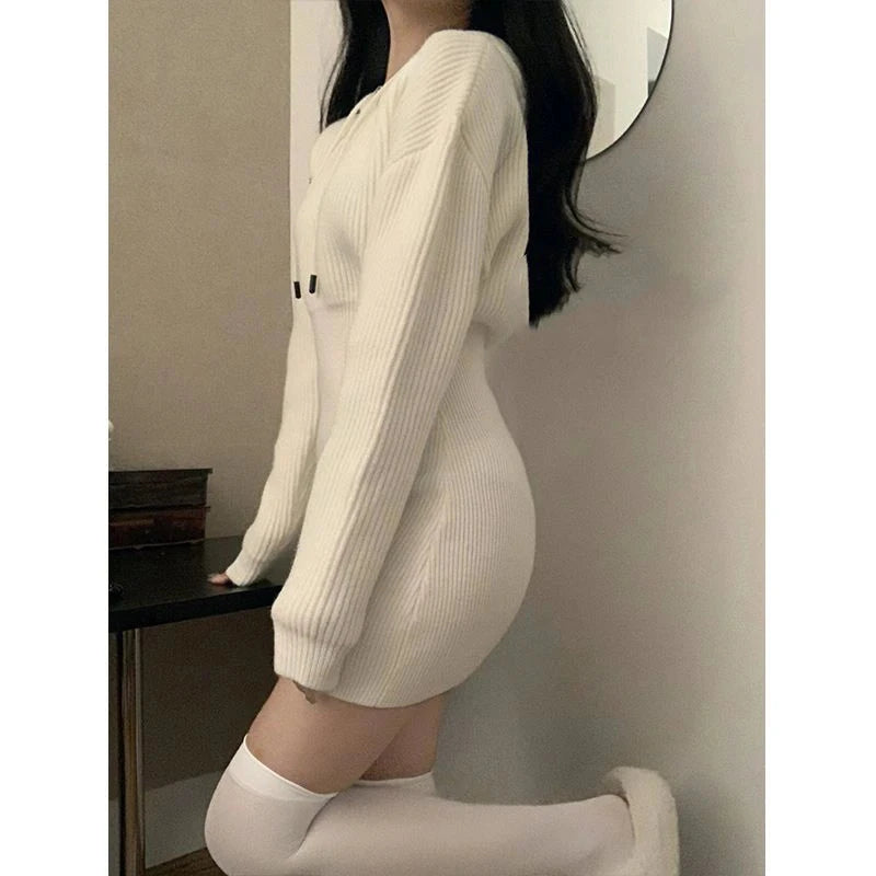 Cyflymder Spring Autumn New Fashion Hooded Long Sleeve Solid Color Knitted Dress Women High Street Slim Dresses Elegant Chic Vestidos