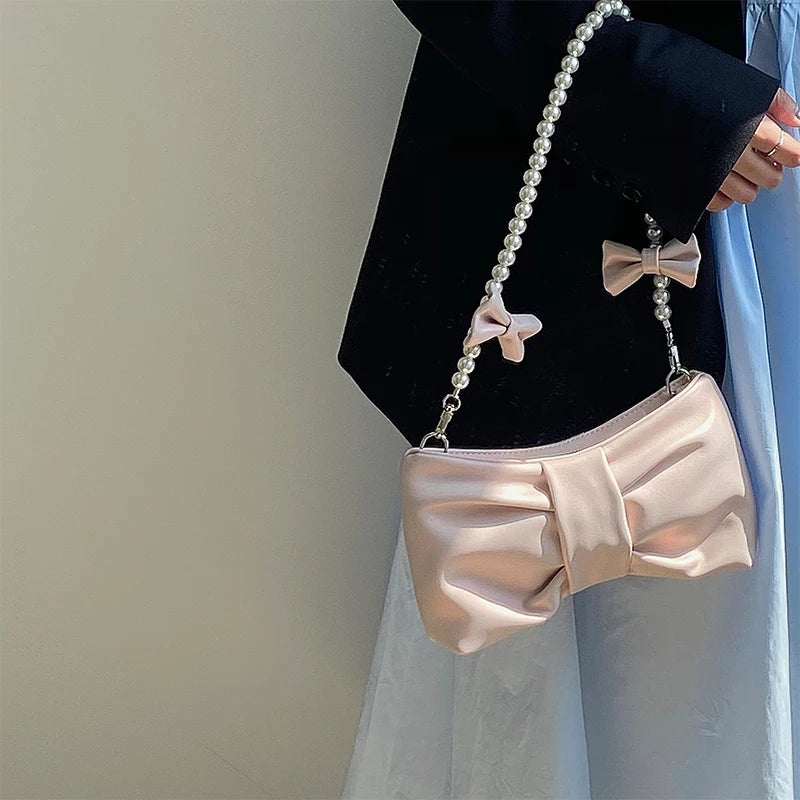 CyflymderGirly Pearl Bow Cute Underarm Bag Fairy Women's Small Pink Shoulder Bag Soft PU Leather Female Pearlescent Clutch Purse Handbags