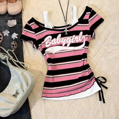 Cyflymder  Woman Clothes T-shirt Y2k Fake 2Piece Slim Goth Punk Vintage Streetwear Stripe Backless Print Crop Top Harajuku Summer 90s Chic