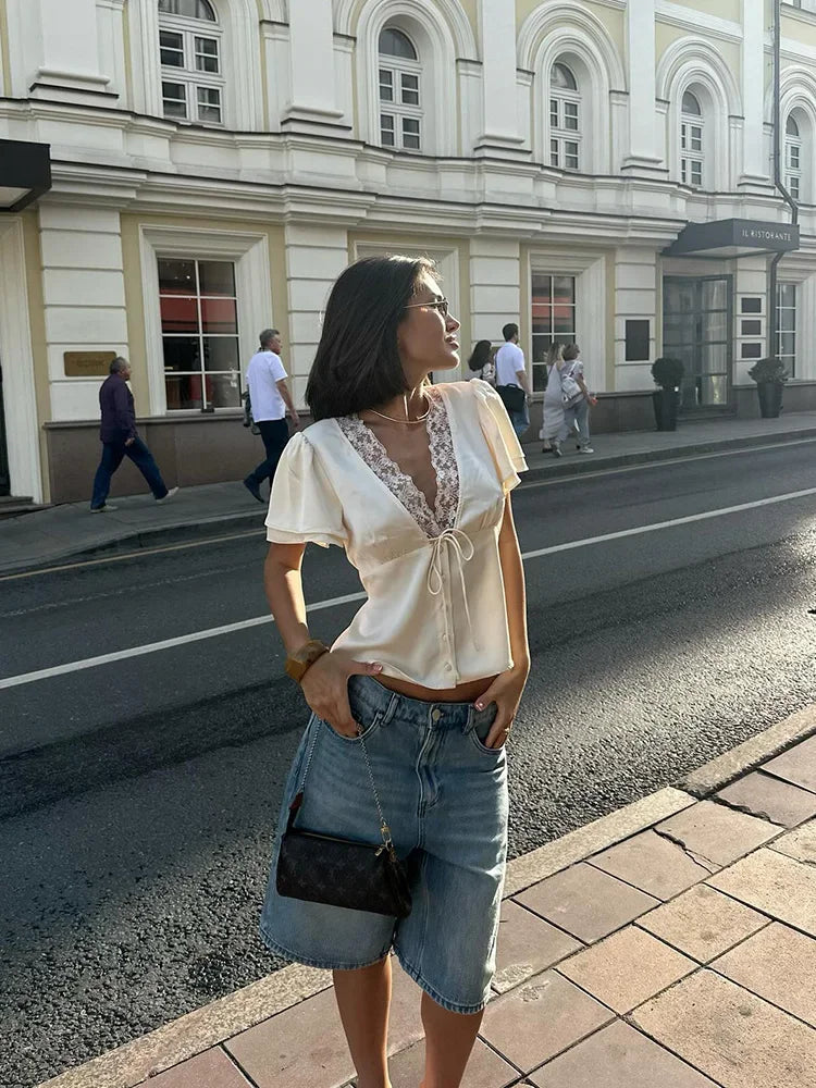 Cyflymder  Lace Patchwork Short Sleeve Tops for Women V Neck Sheath Solid Tees Fashion Female Sexy Club T-shirts Elegant Casual