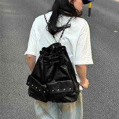 Cyflymder   Harajuku Solid Color Chain Backpack Women Drawstring Studded Leather Large Capacity Backpack Ladies Fashion Y2k Mochilas Mujer