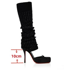 Cyflymder   Women Satin Square Toe Bow Mules  Stiletto Platform High Heels With Rhinestone Knit Slouch Leg Fashion Runway Party