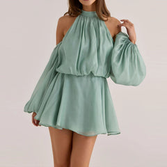 Cyflymder   Sexy Hang Neck Flared Sleeve Beach Holiday Dress Elegant Solid Irregular High Waist Dress Temperament Pleated Off Shoulder Dress