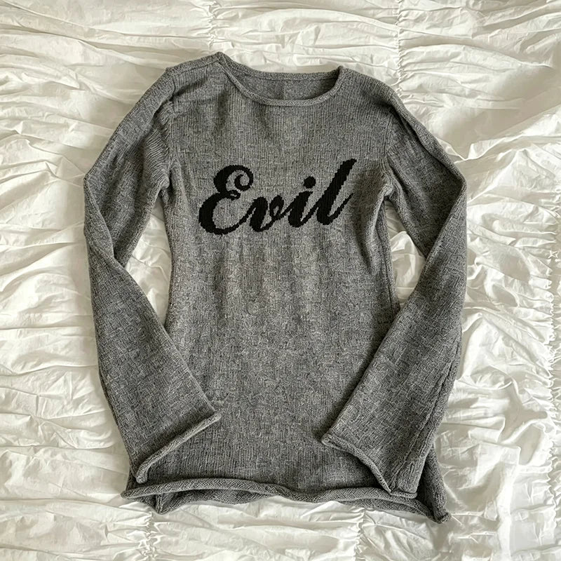 Cyflymder  Grey Retro Slim Fit Knitted Long Sleeved T-Shirt For Women Evil Letter Gothic Embroidered Rolled Edge Base Shirt Punk Hot Girl