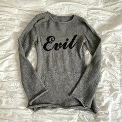 Cyflymder  Grey Retro Slim Fit Knitted Long Sleeved T-Shirt For Women Evil Letter Gothic Embroidered Rolled Edge Base Shirt Punk Hot Girl
