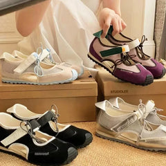 Cyflymder  Leather Version Mary Jane Shoes Casual Drawstring Soft Bottom Women's Spring Summer Leisure Sporty Contrast Color Slip-On