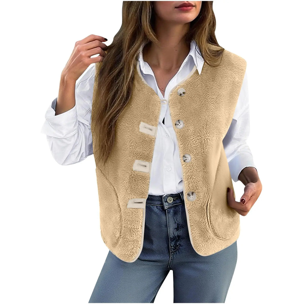 Cyflymder  Women Fuzzy Lambswool Vest Winter Buttons Up Sleeveless V-Neck Waistcoats Fleece Warm Solid Color Loose Casual Outwear Jackets