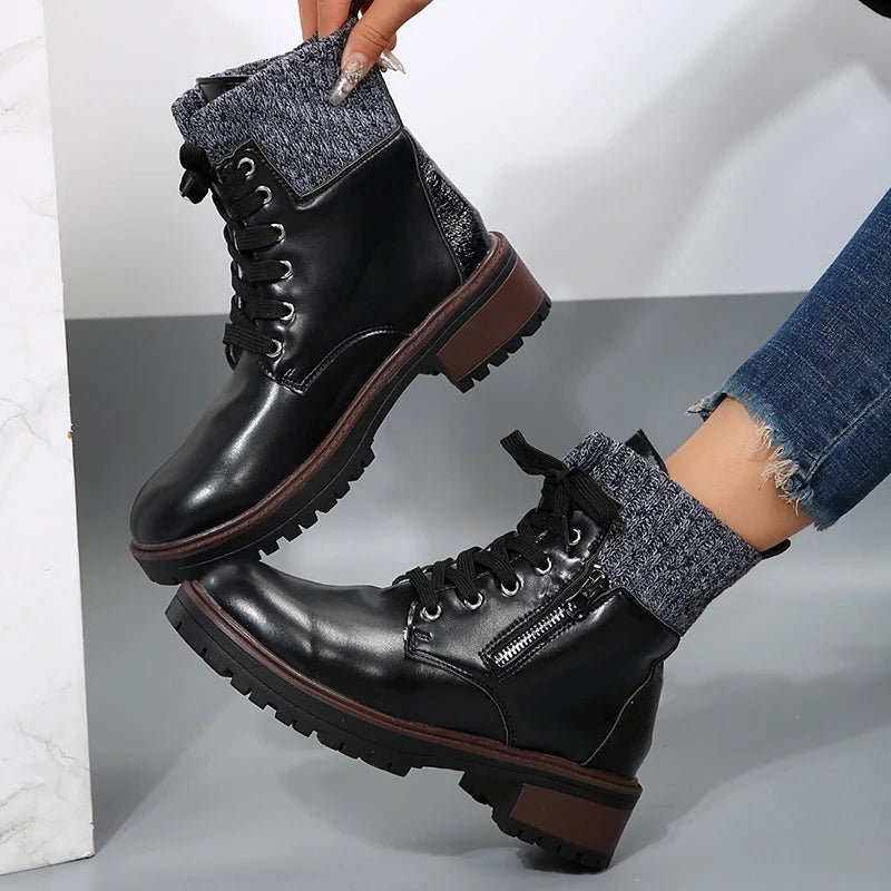 Cyflymder Autumn New Patent Leather Thick Heel Ankle Boots Womens Thickening Warm Western Boots Fashion Boots Woman Lace Up Botas