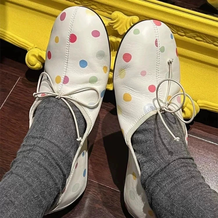 Cyflymder   Soft Leather Ballet Flats Women's round Toe Bow Knot Satin Surface Low Cut Egg Roll Single Shoes French Polka Dot Design