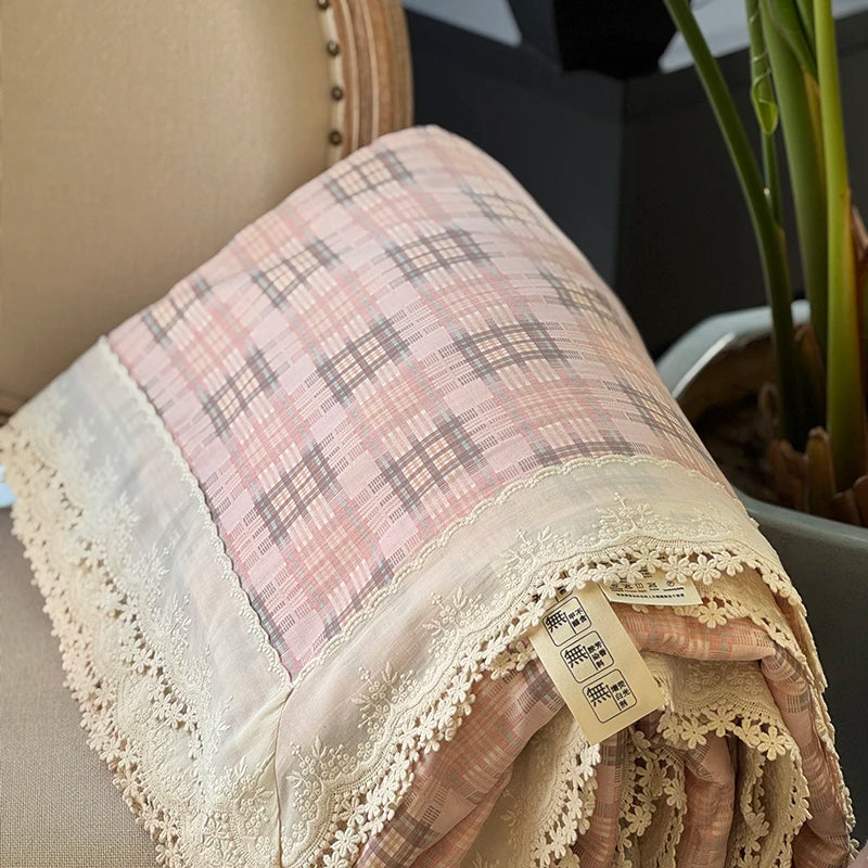 Cyflymder  Pure Cotton Double Layer Yarn Vintage Lace Flower Prints Summer Quilt Princess Air Condition Thin Comforter Lightweight Blanket