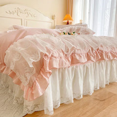 Romantic French Princess Wedding Bedding Set Lace Ruffles Duvet Cover Lace Bed Sheet Bed Skirt Bedspread Pillowcases