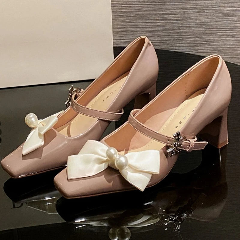 Cyflymder  Sweet Bow Square Toe Chunky Heel Women Pumps Fashion Buckle Elegant Dress Mary Jane Shoe Ladies Luxury Wedding Bridal High Heels