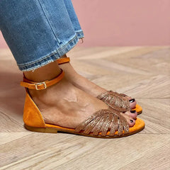 Cyflymder  Flat Heels Shoes Golden Peep Toe Women's Sandals Hollow Sandals Casual Shoes