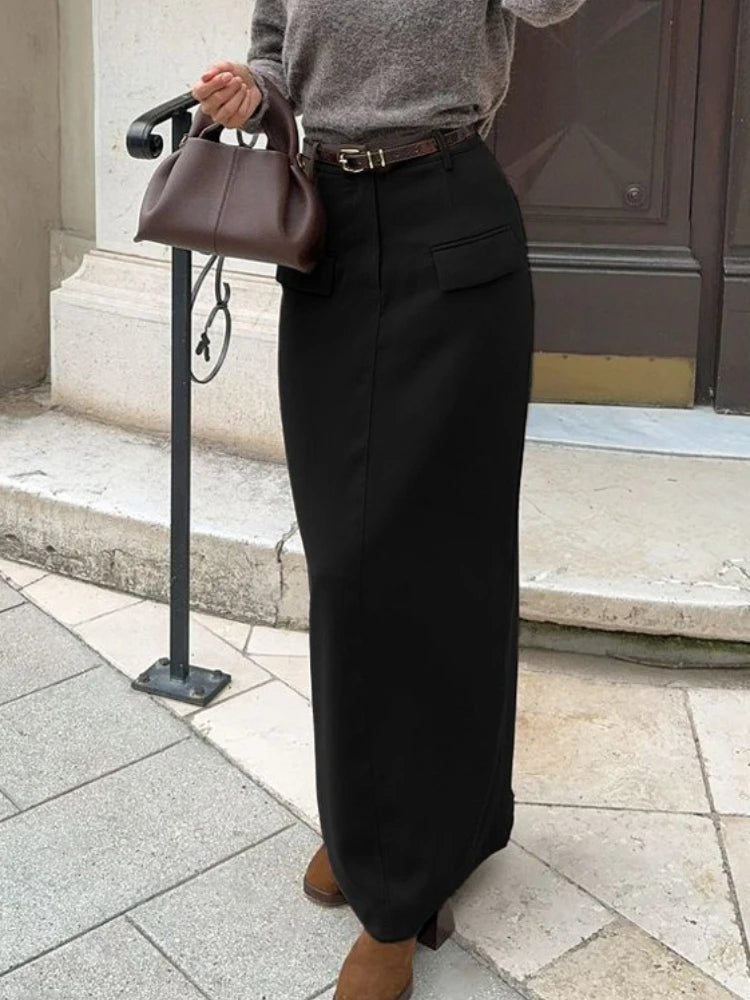Cyflymder  Fashion Commuting Maxi Skirt Women High Waist Slim Solid Patchwork Streetwear Autumn Clothes Female Straight Maxi Skirt