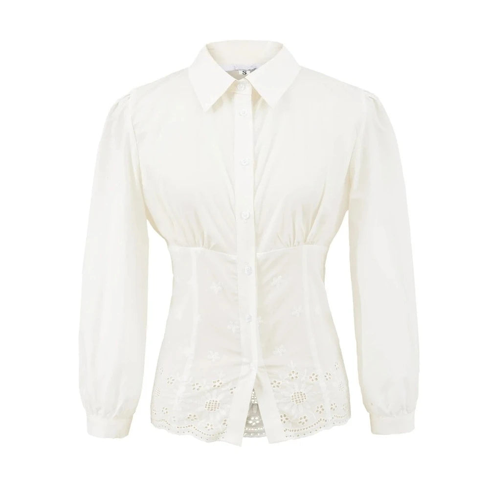 Cyflymder  Solid Embroidery Slimming Shirts for Women Lapel Long Sleeves Patchwork Single Breasted French Street Shirt Female